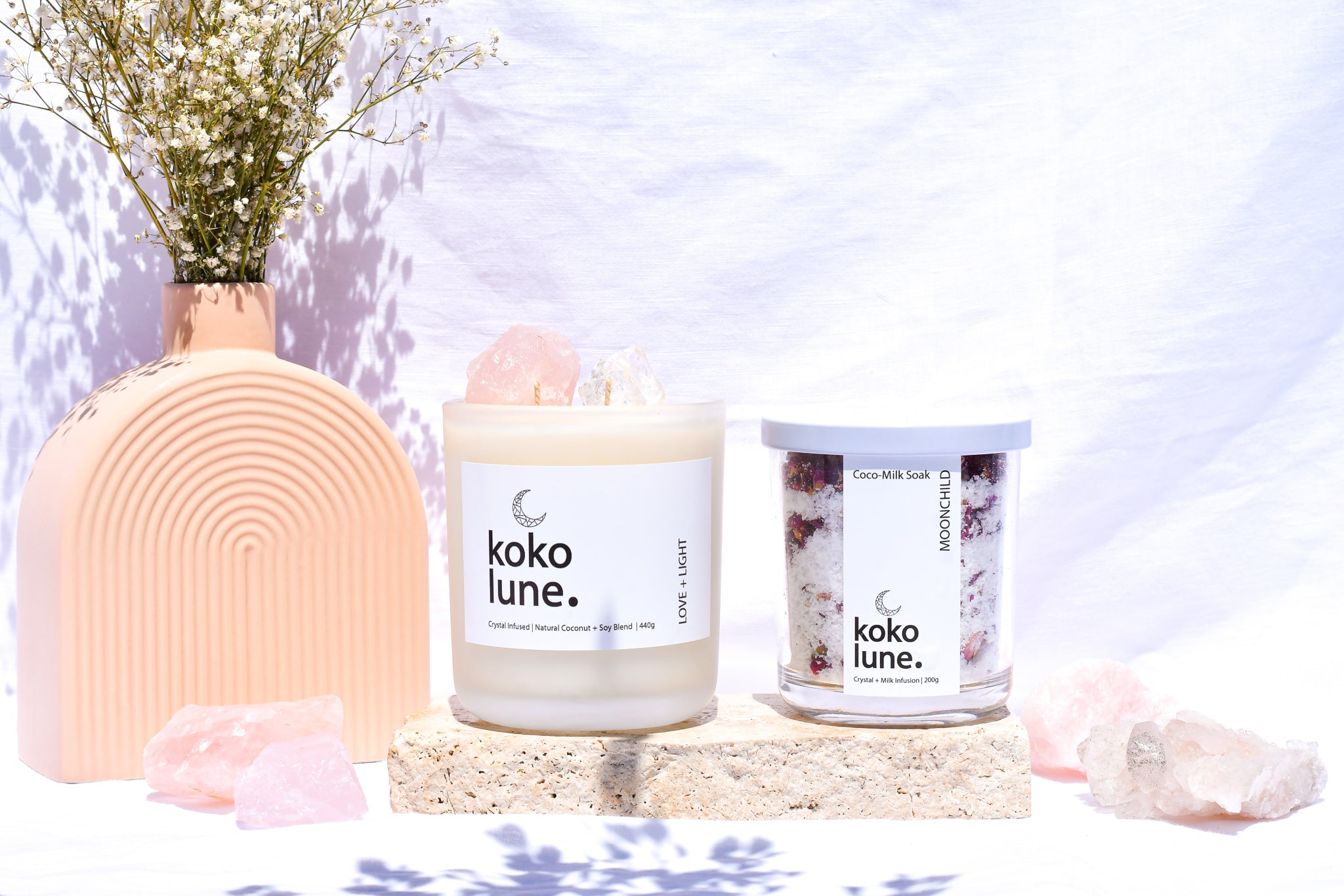 Gift Box - 'Love + Light' crystal candle + Coco-Soak Bath Mineral