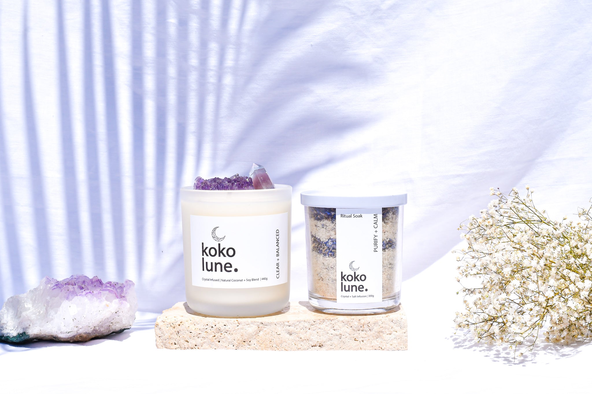 Gift Box - 'Clear + Balanced' crystal candle and Purify + Calm Bath Mineral